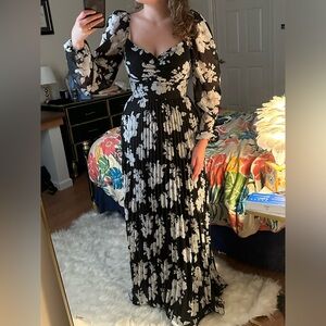 NWT long black floral dress with pleats